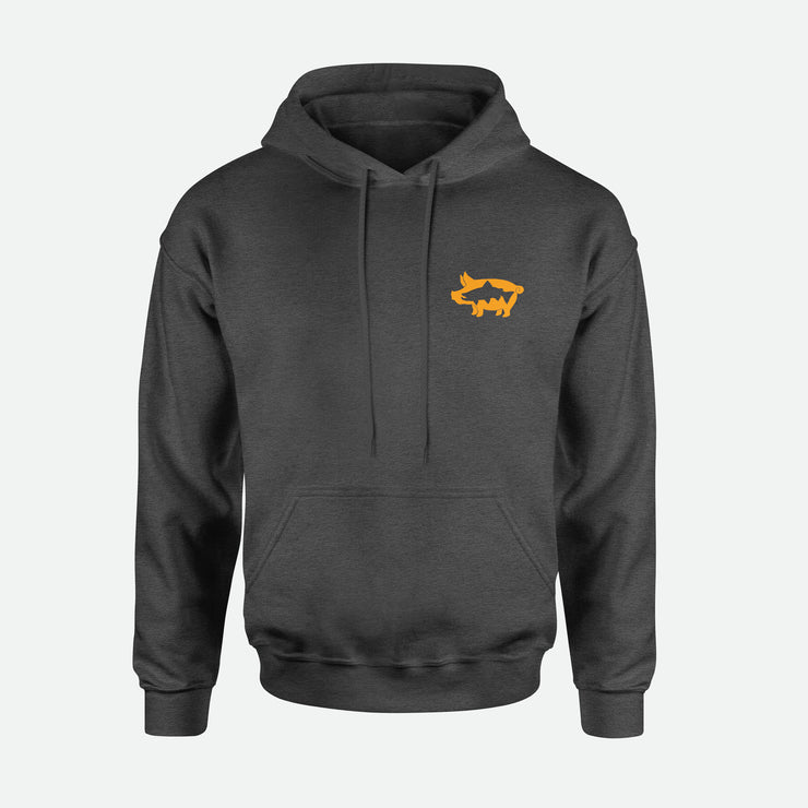 The front of the Brown Trout Pig Hoodie in Grey